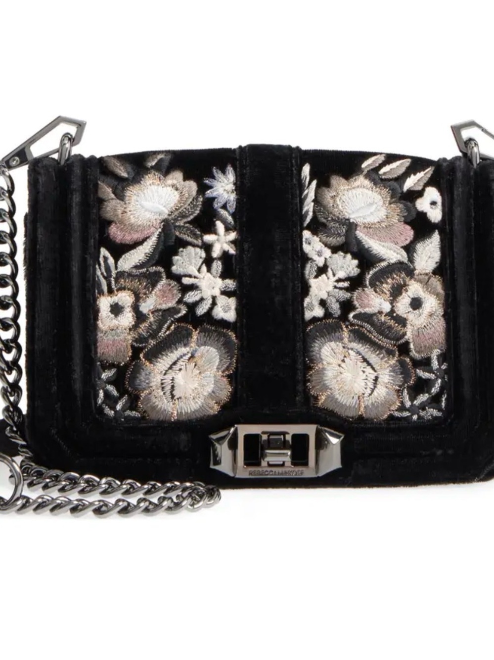 Rebecca Minkoff Black Velvet Floral Embroidered Crossbody with Silver Chain